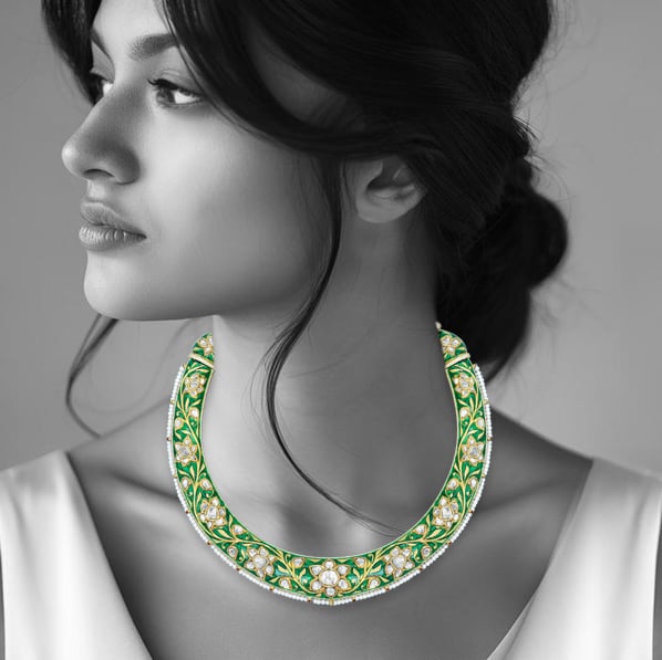 Green Enamel Hasli with Polki Diamonds and Pearl Accents